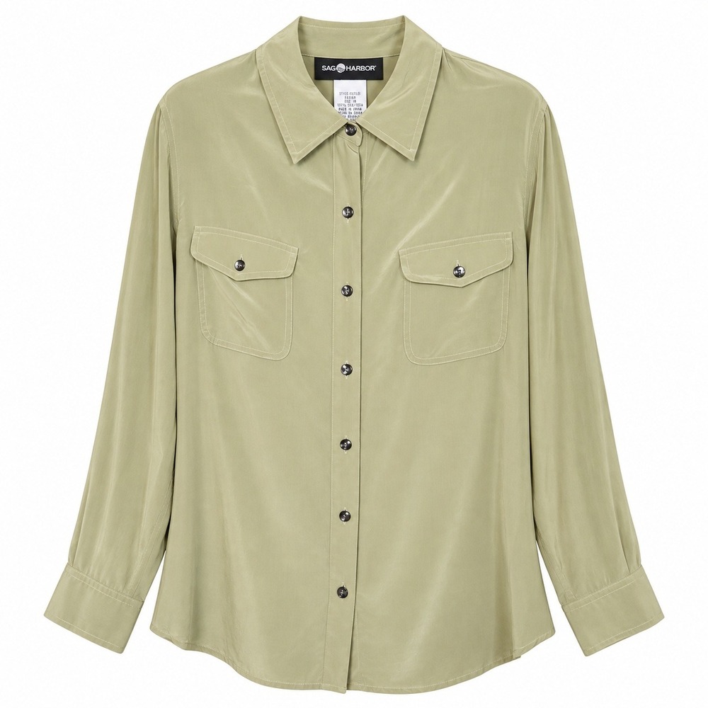 Sag Harbor Womens 16 100% Silk Sage Green Utility Blouse Button Up Quiet Luxury